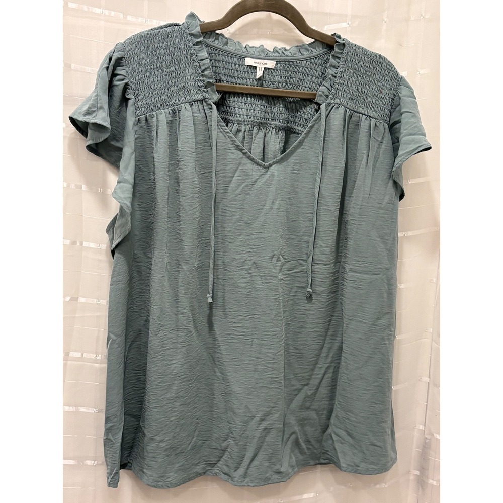 Maurices Womens XXL Sage Green Smocked V-Neck Flutter Sleeve Boho Blouse Top